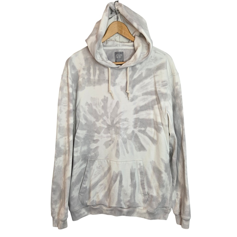 GAP Sweats Mens Unisex Medium Tie Dye Spiral Swirl Pullover Hoodie Gray White